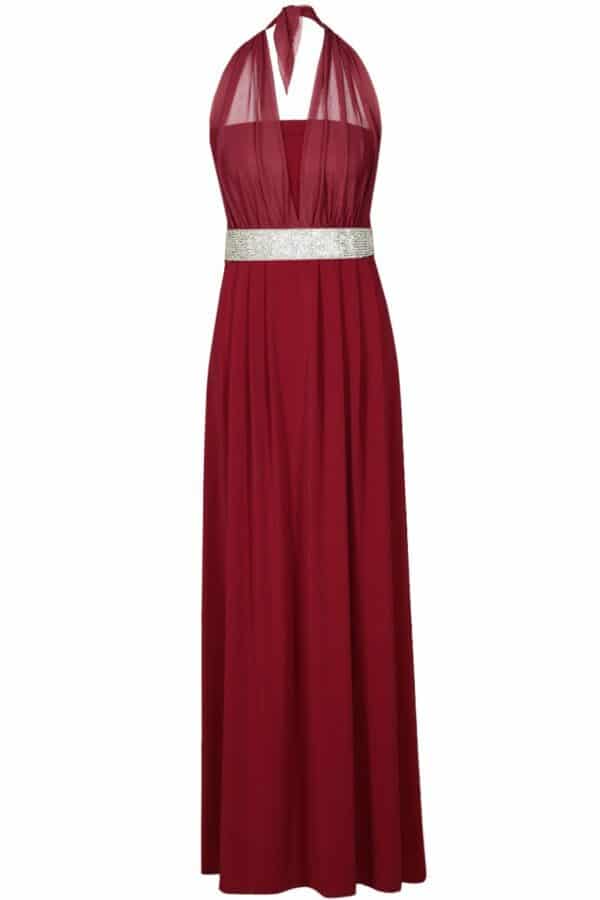 Дълга рокля от трико с колан с пайети - цвят бордо
