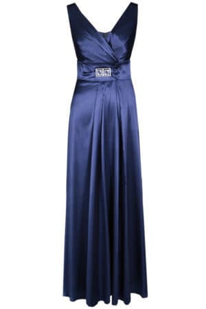 Дълга тъмно синя сатенена рокля с колан с катарама и болеро