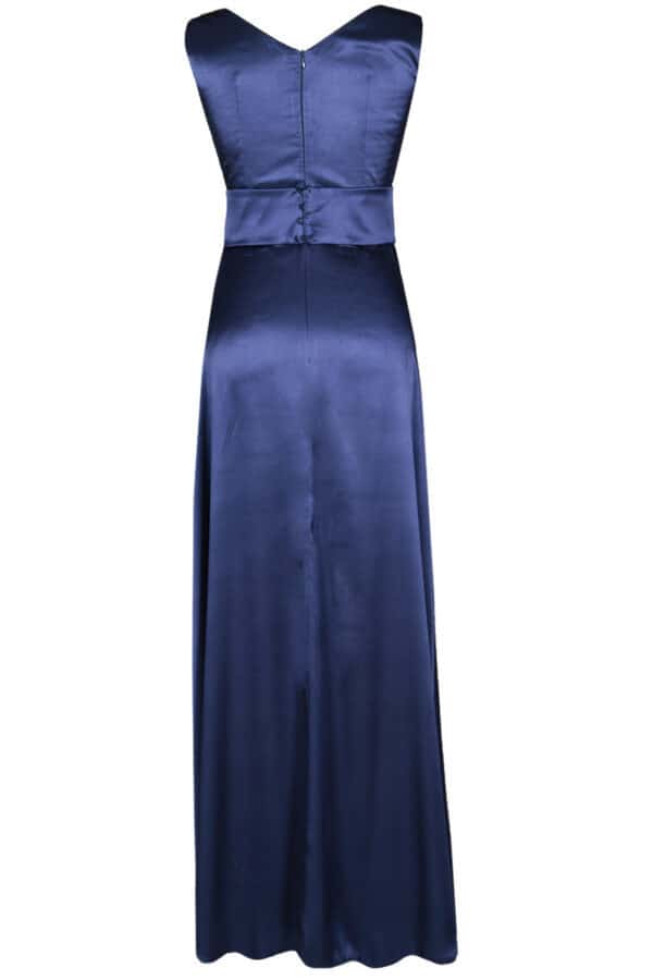 Дълга тъмно синя сатенена рокля с колан с катарама и болеро