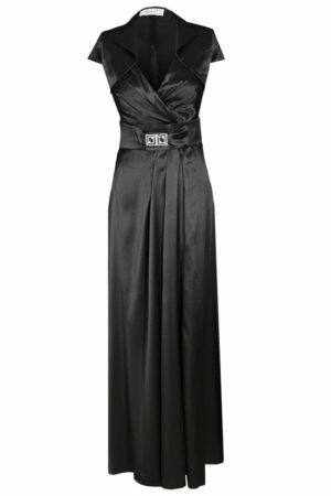 Дълга черна сатенена рокля с колан с катарама и болеро