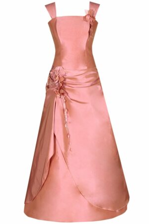 Дълга розово лилава официална  рокля от тафта с обръч - декорация цветя