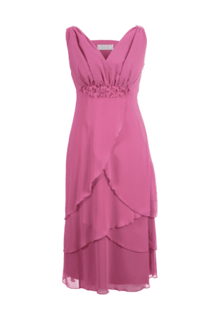 Цикламено розова рокля от шифон на волани