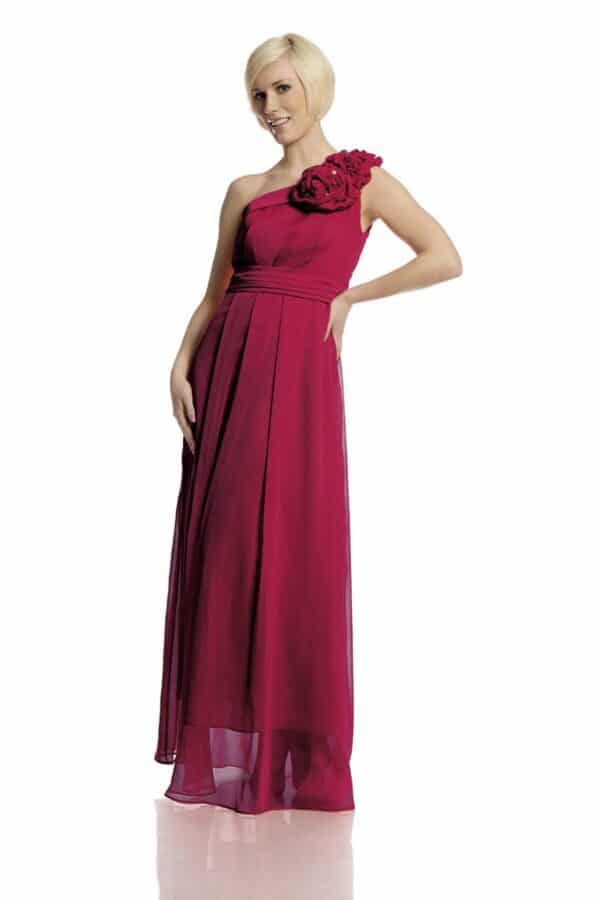 Дълга официална рокля от шифон с едно рамо  - цвят рубинено червено