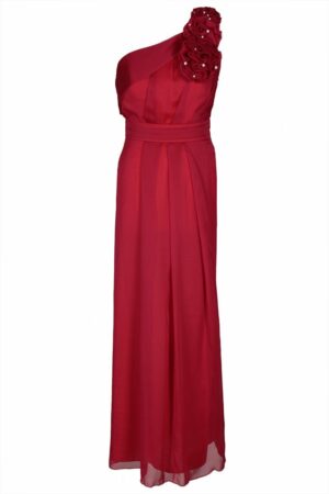 Дълга официална рокля от шифон с едно рамо  - цвят рубинено червено