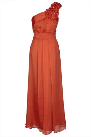 Дълга официална рокля от шифон в наситено оранжево с едно рамо
