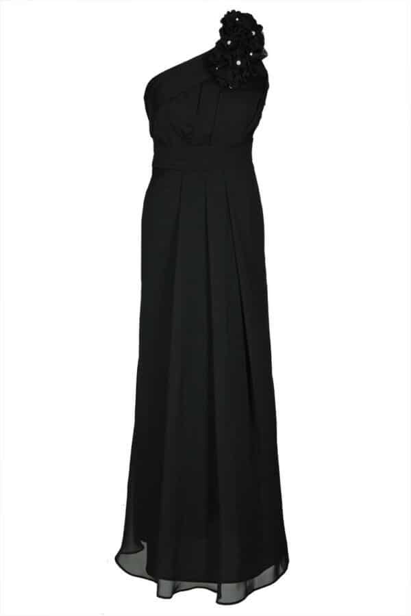 Дълга черна официална рокля от шифон с едно рамо