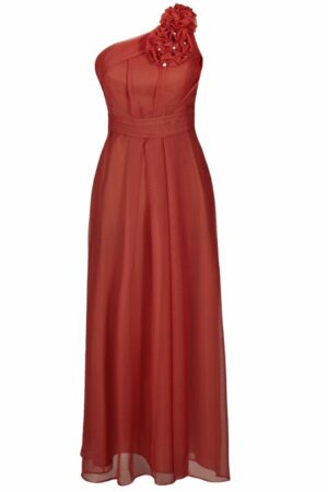Дълга официална рокля от шифон с едно рамо  - цвят керемидено червено