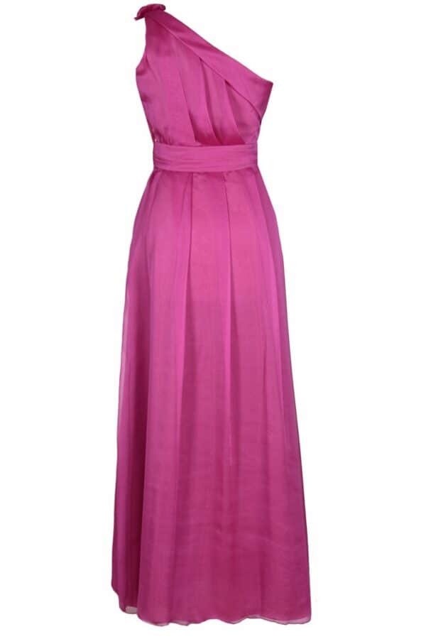 Тъмно розова дълга официална рокля от шифон с едно рамо