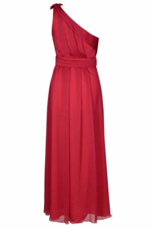 Дълга официална рокля от шифон с едно рамо  - цвят малиново червено