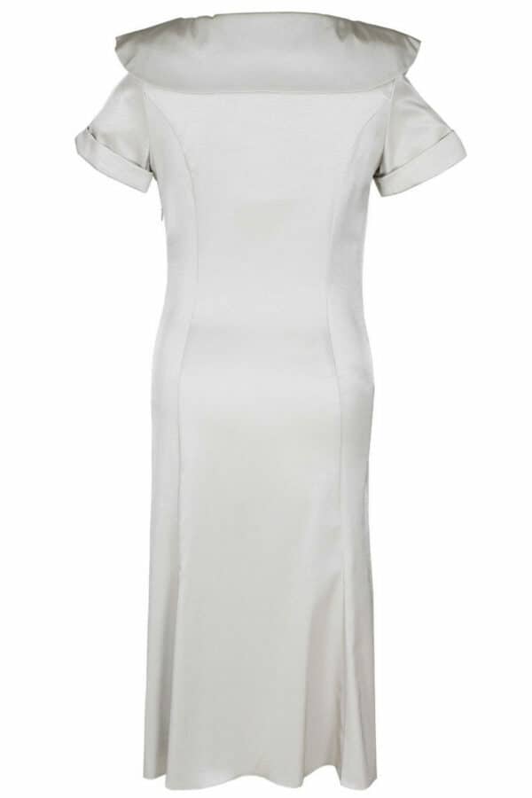 Официална бяла екрю дамска рокля с къс ръкав и плисирана яка