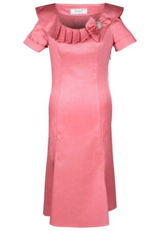 Официална коралово розова дамска рокля с къс ръкав и плисирана яка
