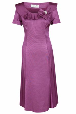 Официална светло лилава дамска рокля с къс ръкав и плисирана яка