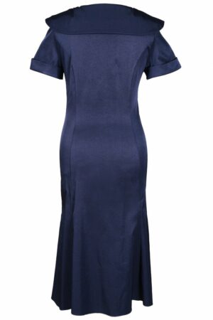 Официална тъмно синя дамска рокля с къс ръкав и плисирана яка