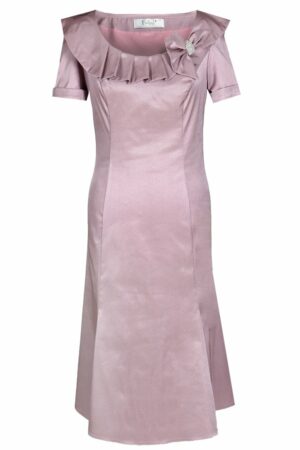 Официална светло розова дамска рокля с къс ръкав и плисирана яка