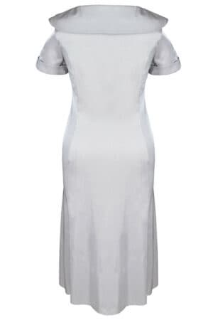 Официална сребристо сива дамска рокля с къс ръкав и плисирана яка
