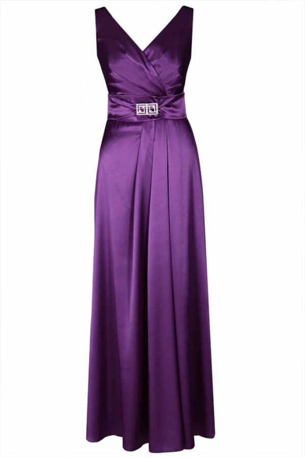 Дълга лилава сатенена рокля с колан с катарама и болеро