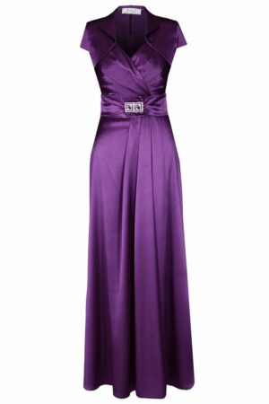 Дълга лилава сатенена рокля с колан с катарама и болеро