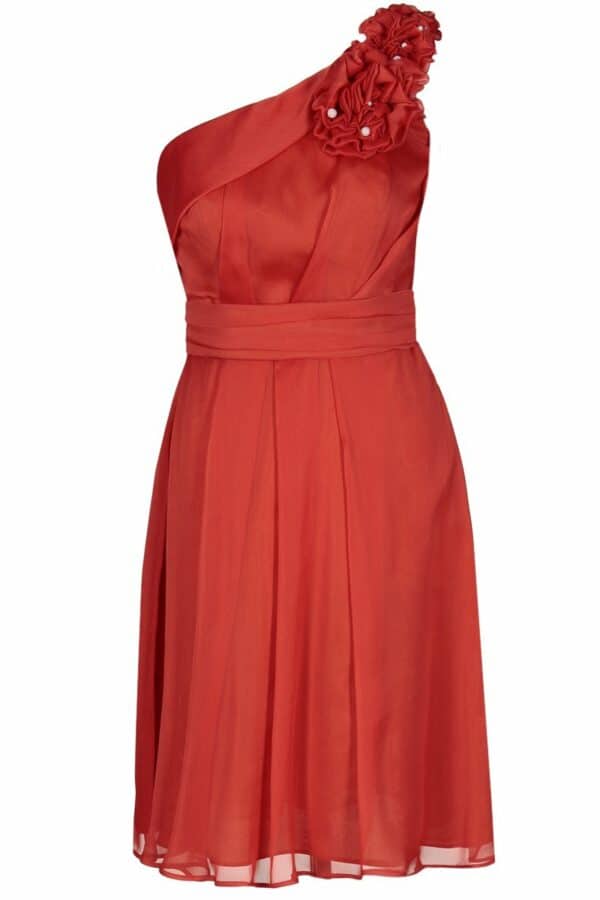 Тъмно оранжева официална рокля от шифон с едно рамо и цвете
