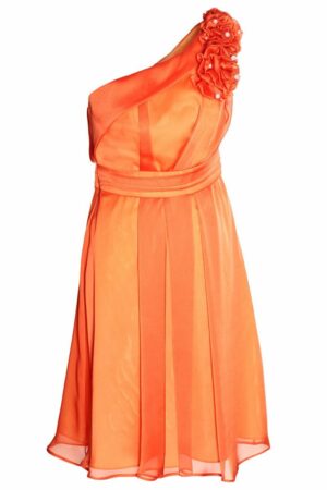 Оранжева официална рокля от шифон с едно рамо и цвете
