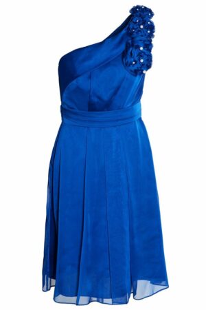 Наситено синя официална рокля от шифон с едно рамо и цвете