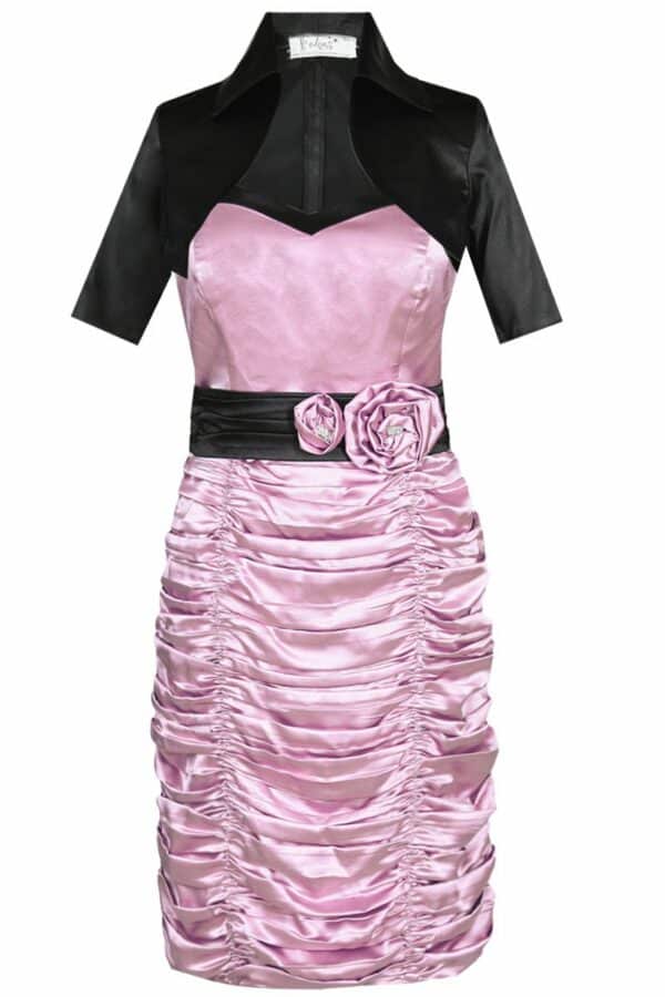 Сатенена рокля с колан с цветя в розово и черно