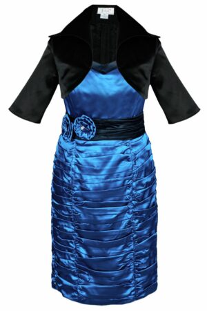 Сатенена рокля с колан с цветя в синьо и черно