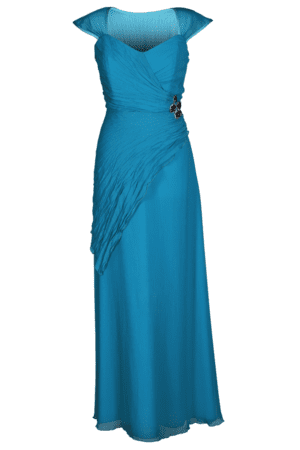 Дълга тюркоазено синя официална рокля от шифон декорирана с камъни