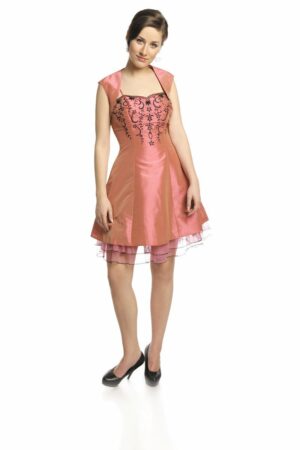 Официална розова рокля от тафта с черна бродерия+болеро