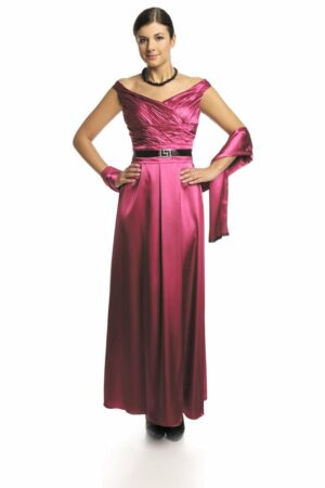 Официална дълга сатенена рокля без ръкав в наситено розово