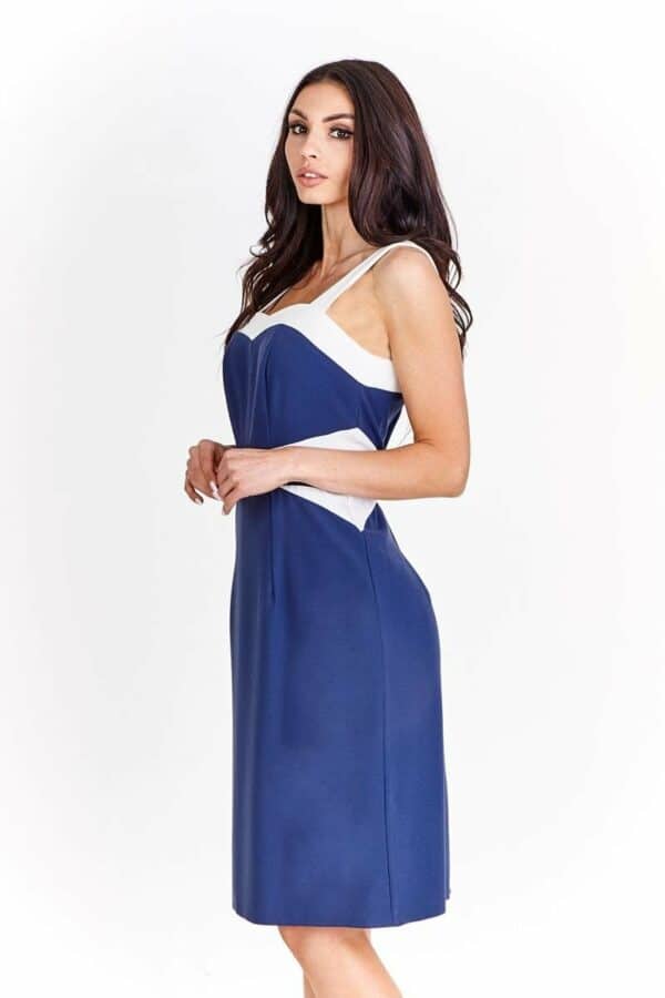 Елегантна лятна рокля с презрамки - тъмно синьо и бяло
