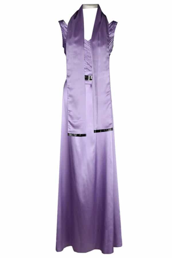 Официална дълга сатенена рокля без ръкав в лилаво