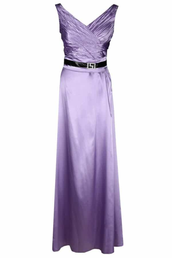 Официална дълга сатенена рокля без ръкав в лилаво