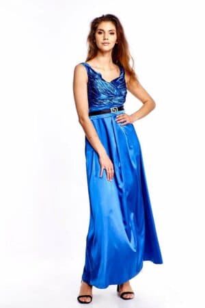 Официална дълга сатенена рокля без ръкав в синьо