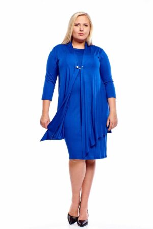 Наситено синя макси рокля от трико с 3/4 ръкав и декоративна брошка