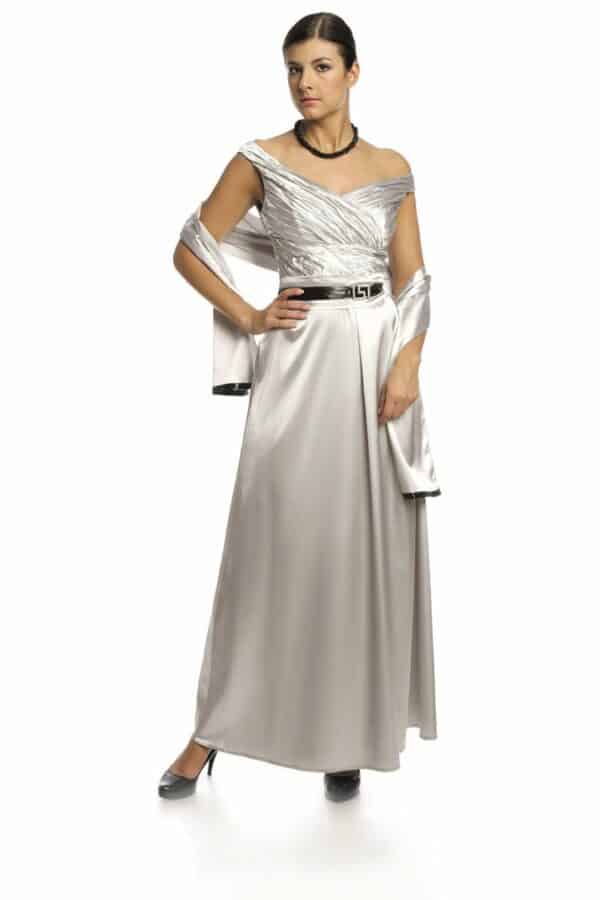 Официална дълга сатенена рокля без ръкав в светло сиво