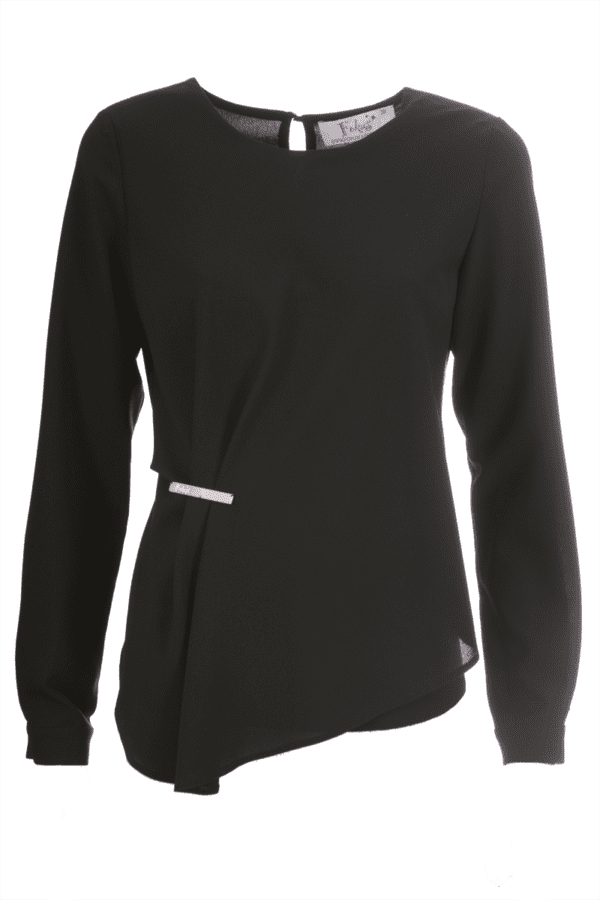 Черна ефирна блуза с дълъг ръкав и метална плочка