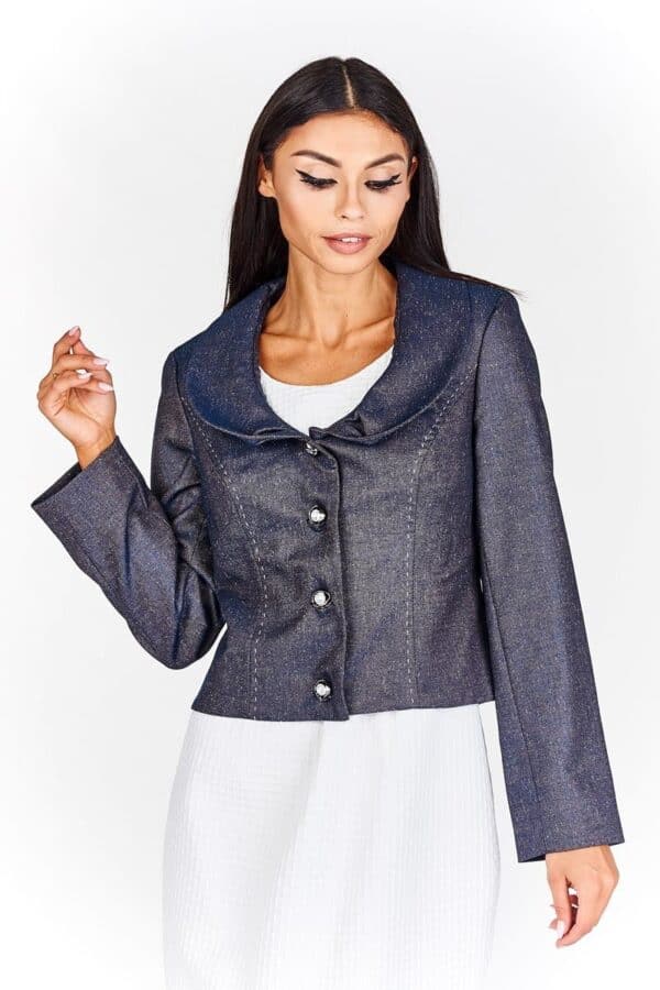 Късо дамско сако с кръгла яка - кафяво и тъмно синьо меланж