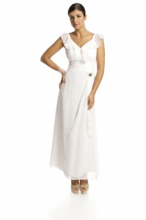 Дълга бяла официална рокля от шифон с къдрици