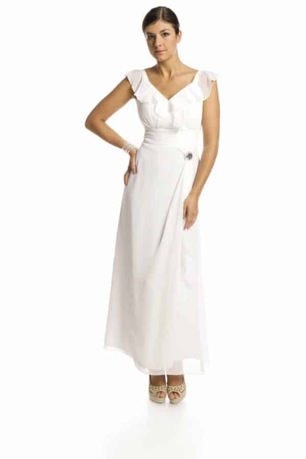 Дълга бяла официална рокля от шифон с къдрици