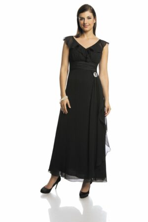 Дълга черна официална рокля от шифон с къдрици