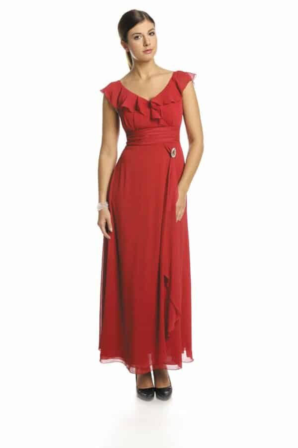 Дълга светло червена официална рокля от шифон с къдрици
