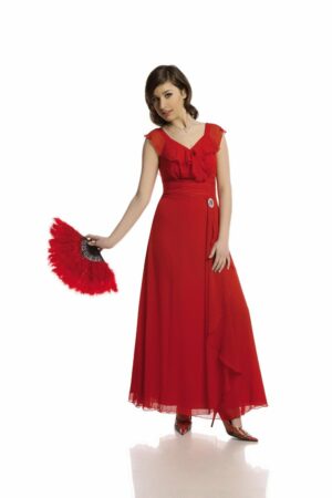 Дълга червена официална рокля от шифон с къдрици