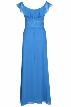 Дълга синя официална рокля от шифон с къдрици