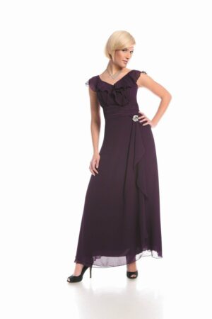 Дълга тъмно лилава официална рокля от шифон с къдрици