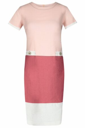 Права ленена рокля с къс ръкав - червено розово и бяло