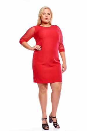 Официална права малинено червена рокля с прозрачни ръкави