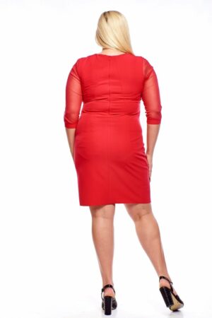 Официална права малинено червена рокля с прозрачни ръкави