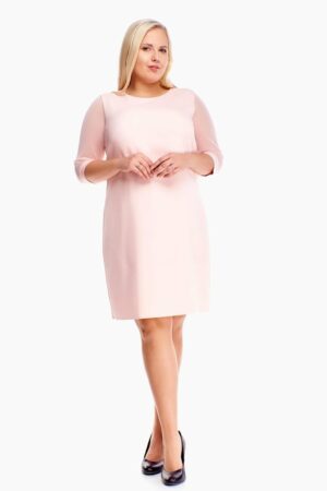 Официална права розова рокля с прозрачни ръкави