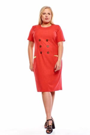 Малинено червена ленена рокля с джобове и декоративни копчета