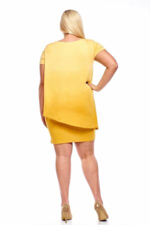 Макси рокля от трико с къс ръкав и колие - горчица омбре